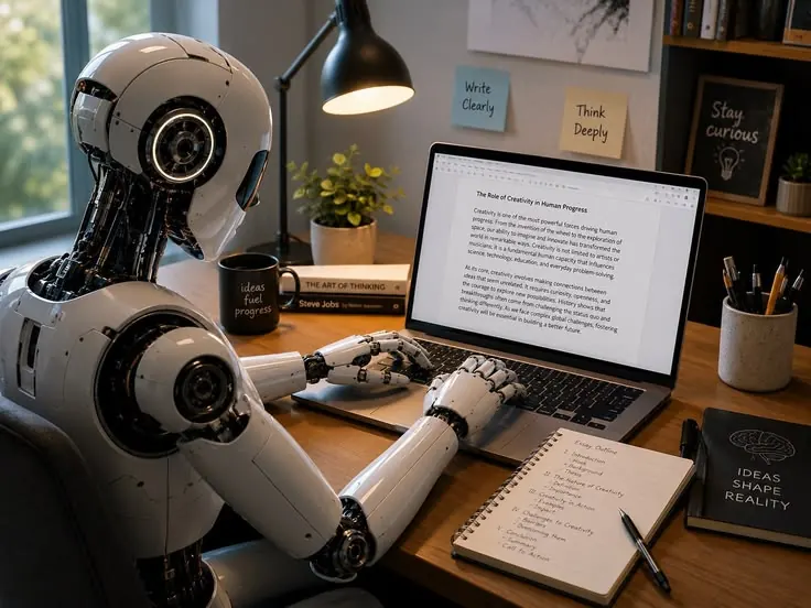 Robot writing at a desk