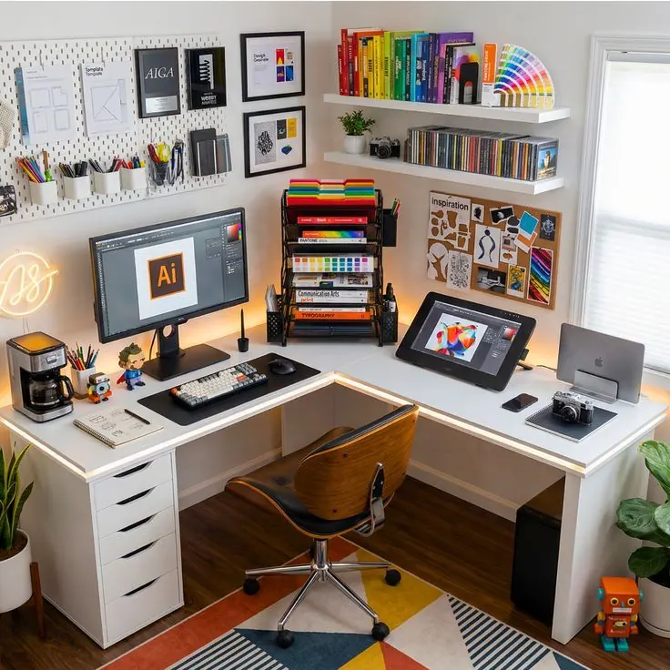 A designer's desk with monitor and drawing tablet